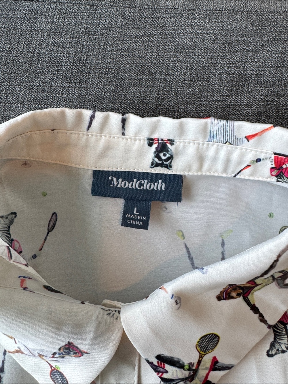 Modcloth Short-Sleeve Button-Up Shirt with Colorful Animals Playing Tennis - Picture 2 of 7